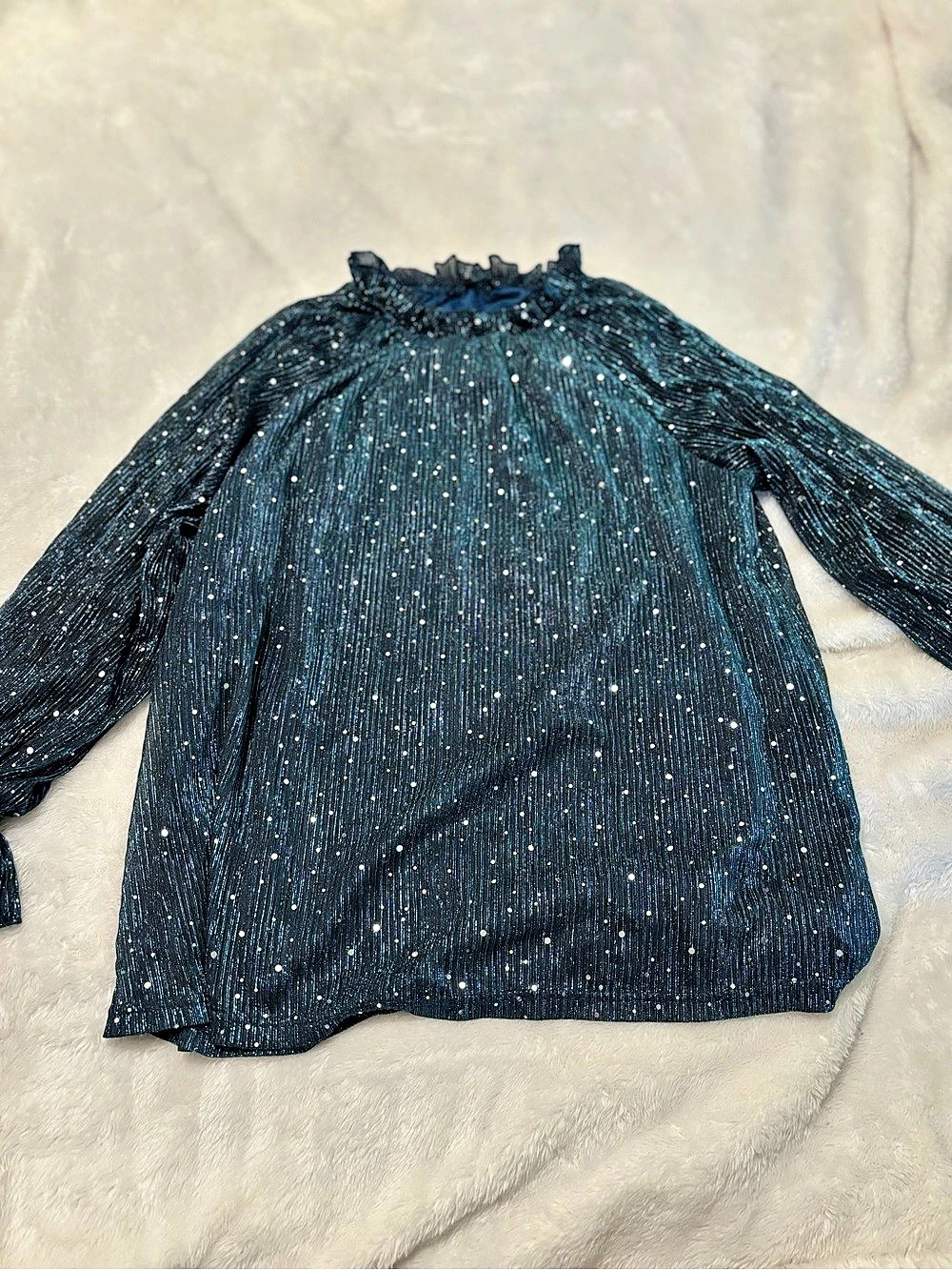 BLOOMCHIC Metallic Pleated Ruffled Mock Neck Long Sleeve Blouse Black & Blue